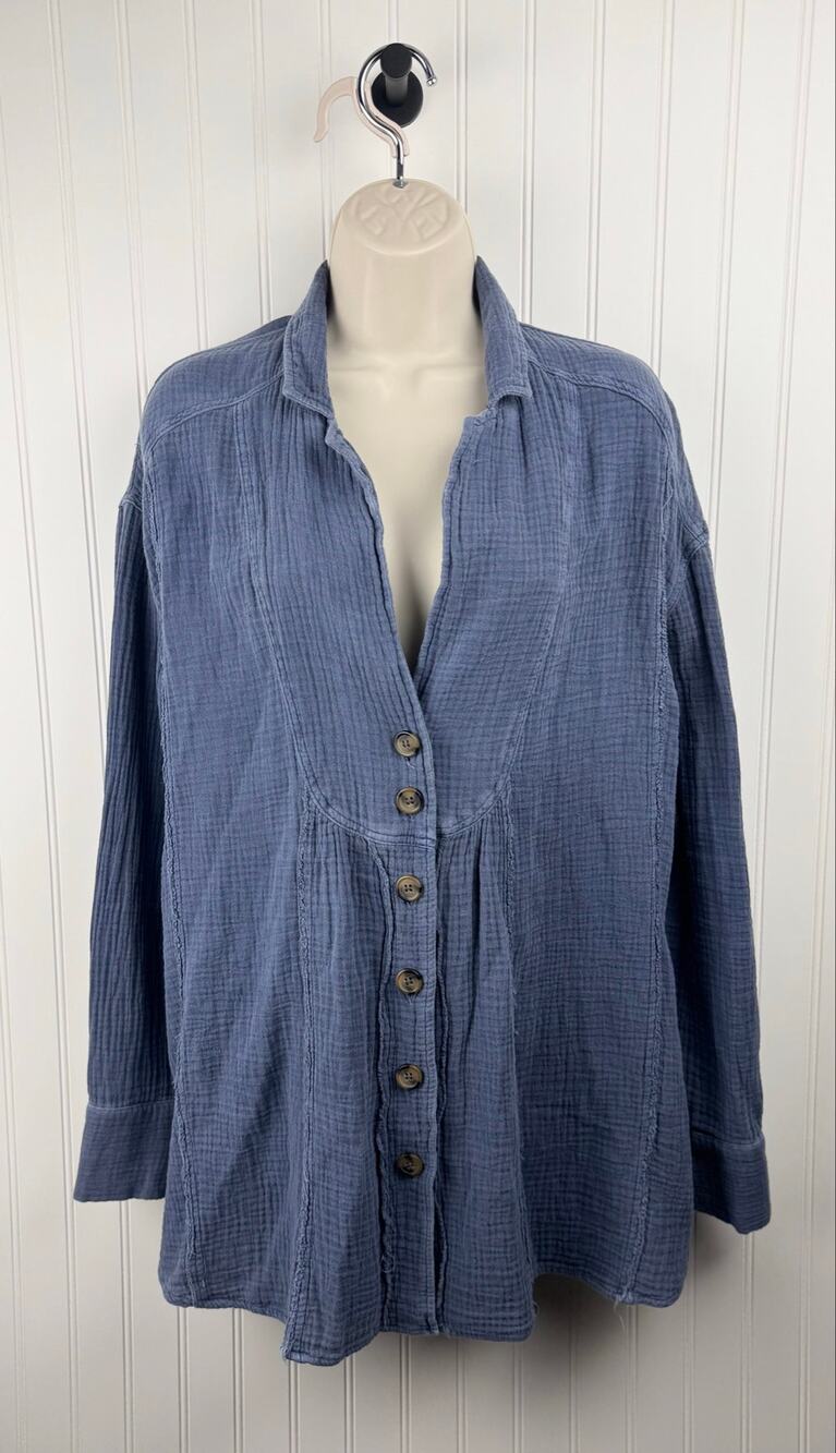 Free People Blue Cotton Gauze Button Front Tunic Top Size Small